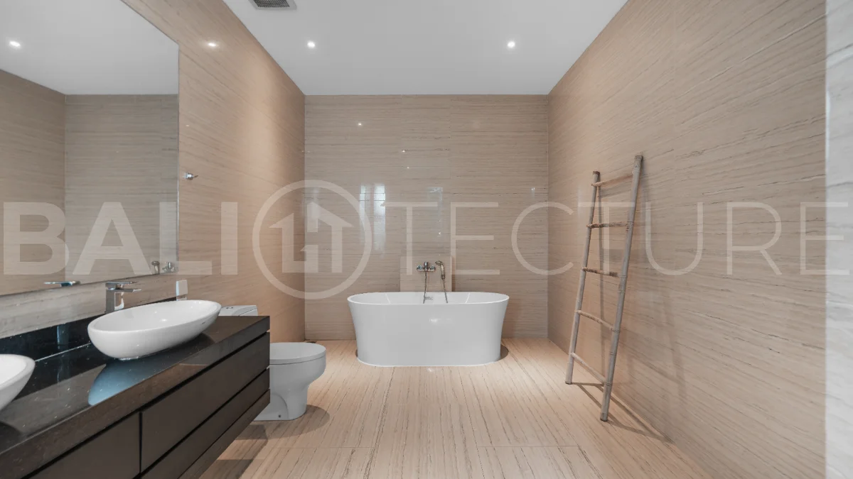 Luxury 4-bedroom turnkey villa for sale in Ungasan, Bali, featuring a private pool, elegant tropical interiors, home cinema, and a 360° panoramic rooftop with ocean, GWK, and Mount Agung views.