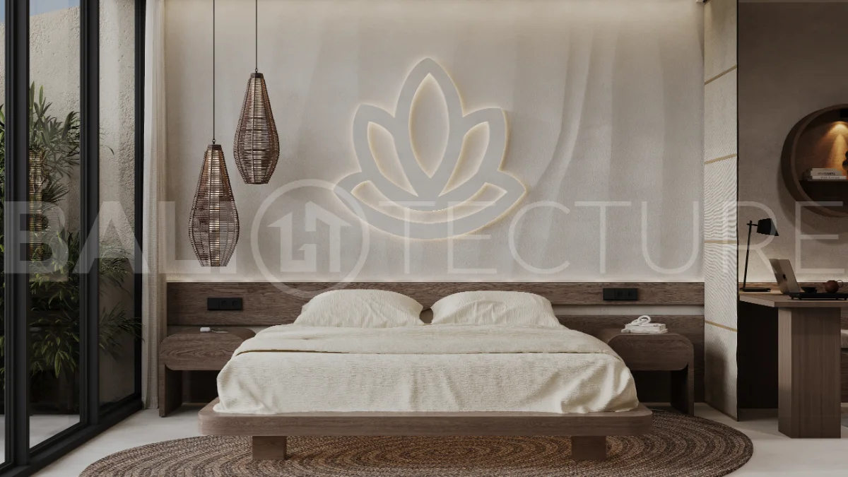 Ricefield View villa for sale in Ubud Centre featuring a tranquil modern interior, enclosed living and kitchen, warm natural tones, and access to premium wellness resort amenities.