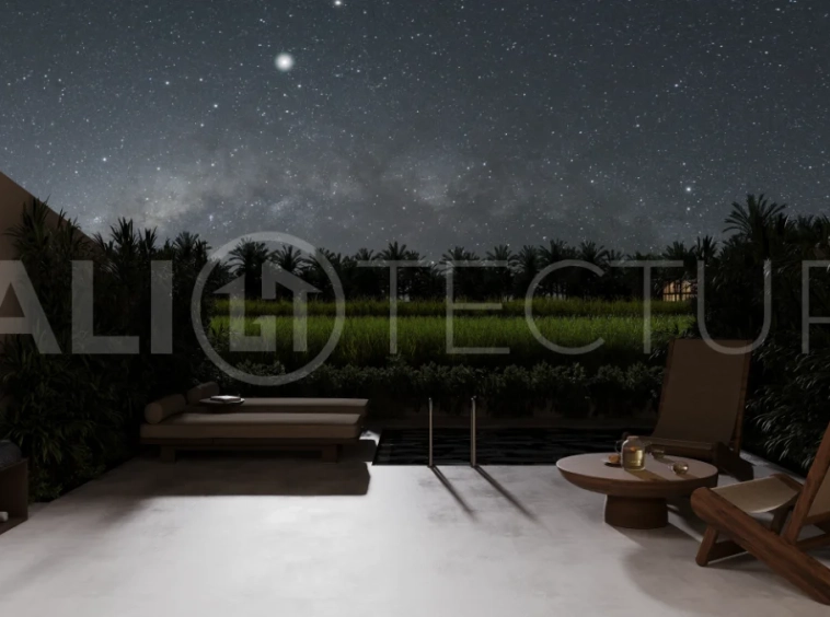 Ricefield View villa for sale in Ubud Centre featuring a tranquil modern interior, enclosed living and kitchen, warm natural tones, and access to premium wellness resort amenities.