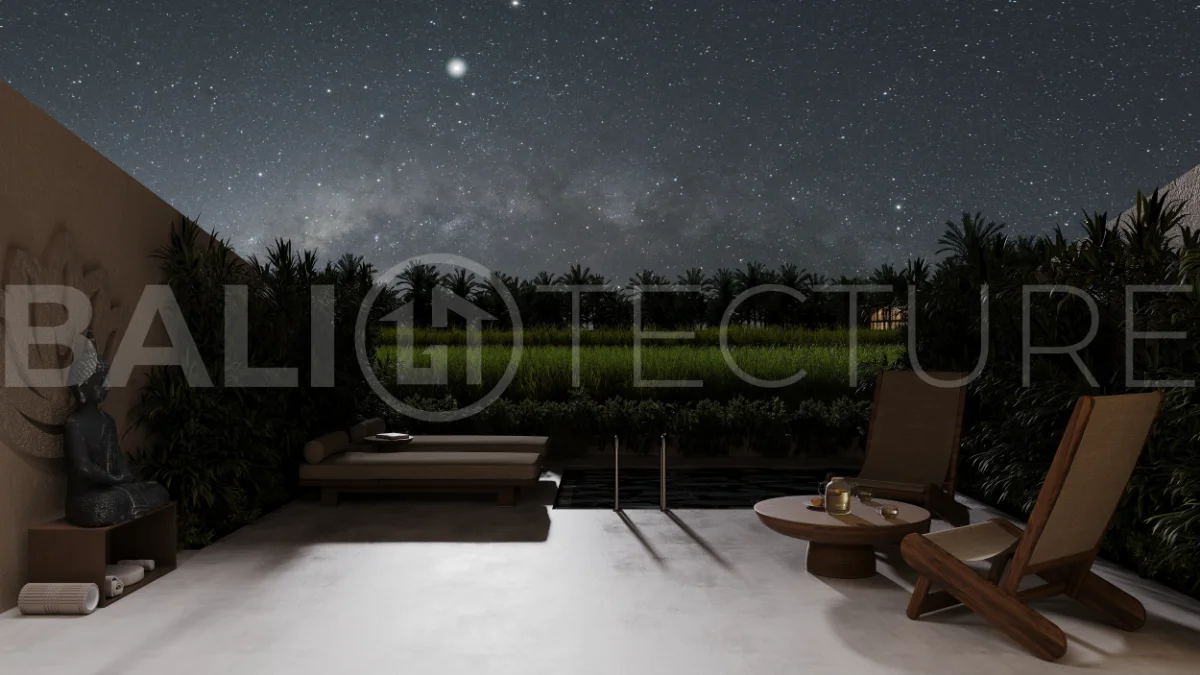 Ricefield View villa for sale in Ubud Centre featuring a tranquil modern interior, enclosed living and kitchen, warm natural tones, and access to premium wellness resort amenities.