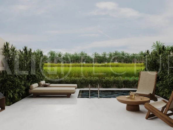 Ricefield View villa for sale in Ubud Centre featuring a tranquil modern interior, enclosed living and kitchen, warm natural tones, and access to premium wellness resort amenities.