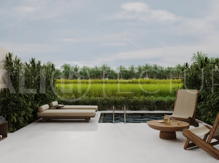 Ricefield View villa for sale in Ubud Centre featuring a tranquil modern interior, enclosed living and kitchen, warm natural tones, and access to premium wellness resort amenities.
