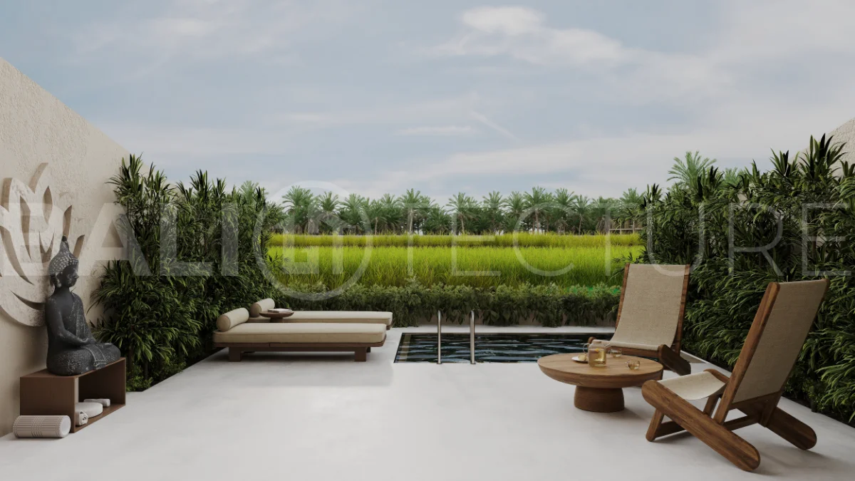 Ricefield View villa for sale in Ubud Centre featuring a tranquil modern interior, enclosed living and kitchen, warm natural tones, and access to premium wellness resort amenities.