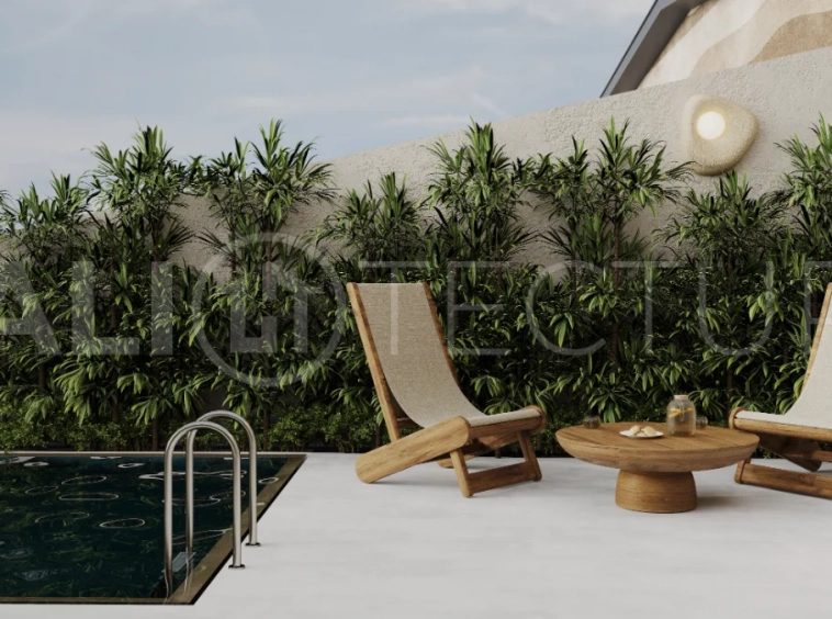 Ricefield View villa for sale in Ubud Centre featuring a tranquil modern interior, enclosed living and kitchen, warm natural tones, and access to premium wellness resort amenities.