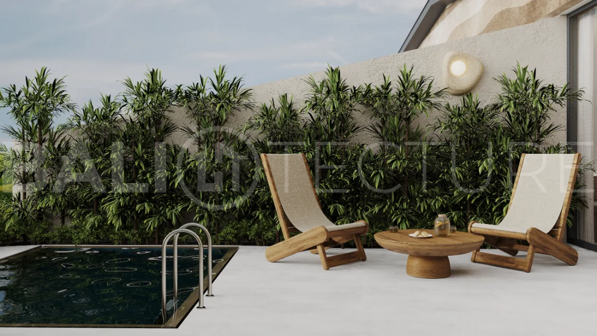 Ricefield View villa for sale in Ubud Centre featuring a tranquil modern interior, enclosed living and kitchen, warm natural tones, and access to premium wellness resort amenities.