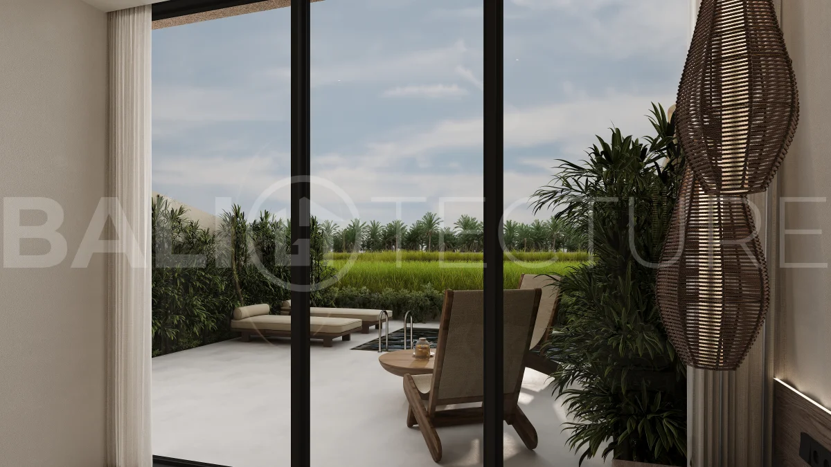 Ricefield View villa for sale in Ubud Centre featuring a tranquil modern interior, enclosed living and kitchen, warm natural tones, and access to premium wellness resort amenities.