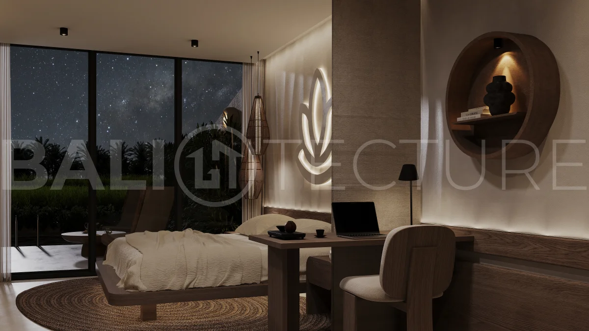 Ricefield View villa for sale in Ubud Centre featuring a tranquil modern interior, enclosed living and kitchen, warm natural tones, and access to premium wellness resort amenities.