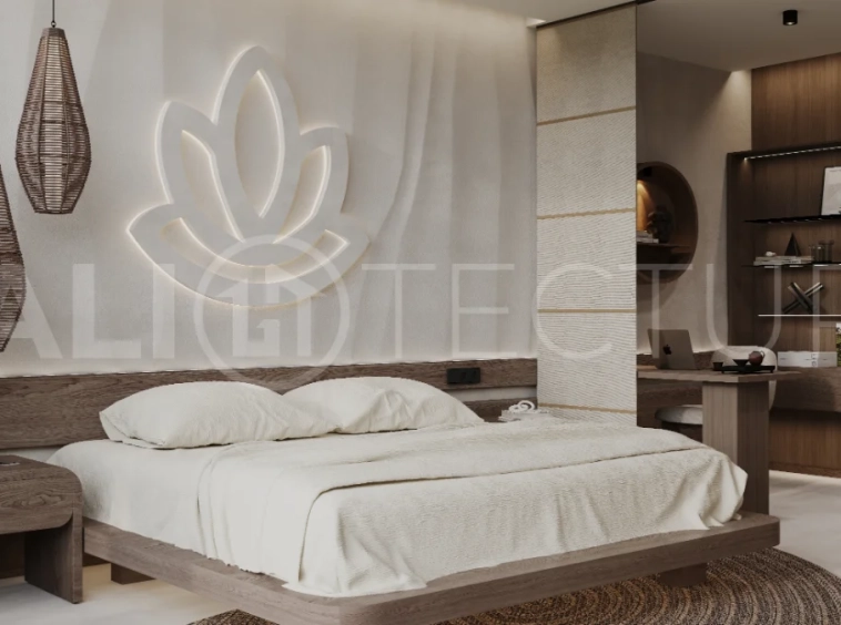 Ricefield View villa for sale in Ubud Centre featuring a tranquil modern interior, enclosed living and kitchen, warm natural tones, and access to premium wellness resort amenities.
