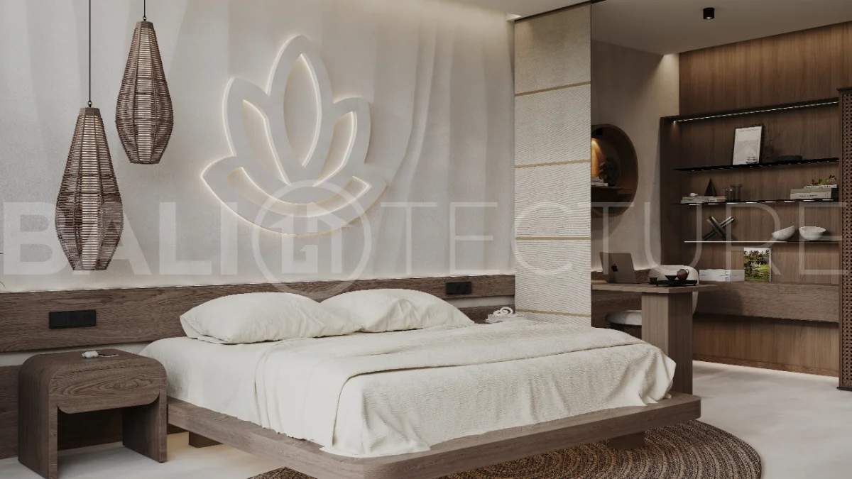 Ricefield View villa for sale in Ubud Centre featuring a tranquil modern interior, enclosed living and kitchen, warm natural tones, and access to premium wellness resort amenities.