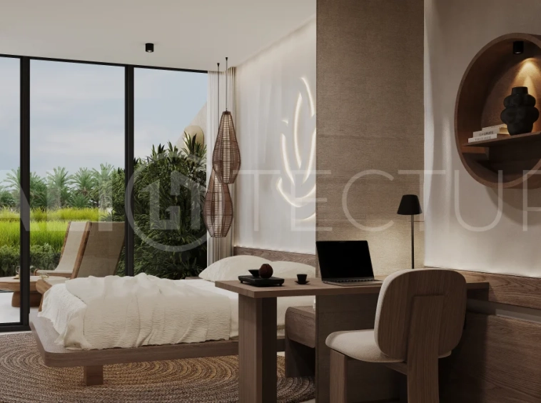 Ricefield View villa for sale in Ubud Centre featuring a tranquil modern interior, enclosed living and kitchen, warm natural tones, and access to premium wellness resort amenities.
