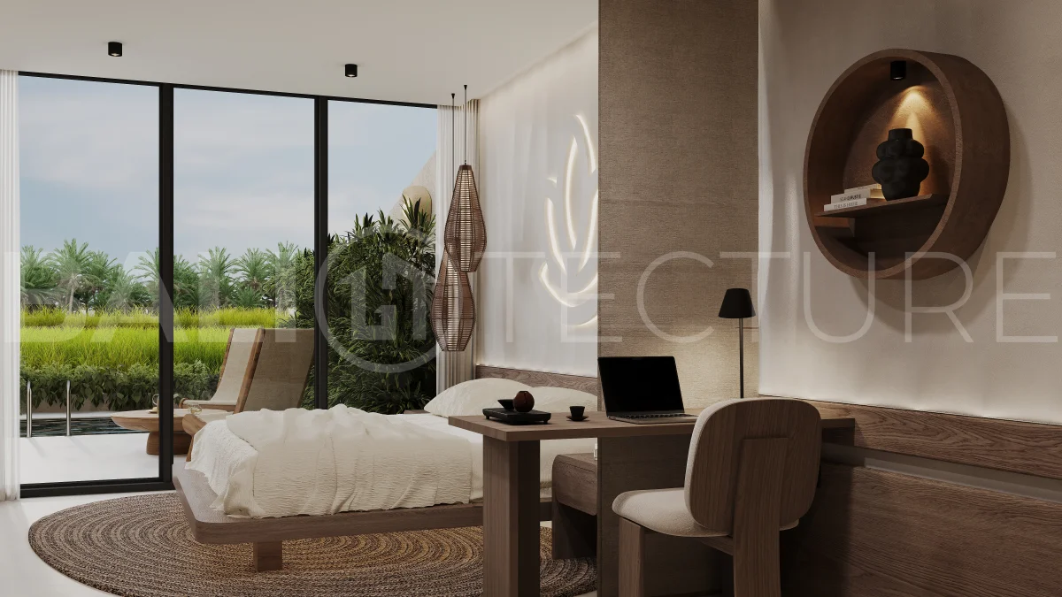 Ricefield View villa for sale in Ubud Centre featuring a tranquil modern interior, enclosed living and kitchen, warm natural tones, and access to premium wellness resort amenities.