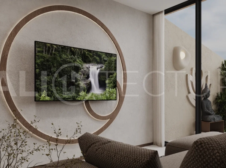 Ricefield View villa for sale in Ubud Centre featuring a tranquil modern interior, enclosed living and kitchen, warm natural tones, and access to premium wellness resort amenities.