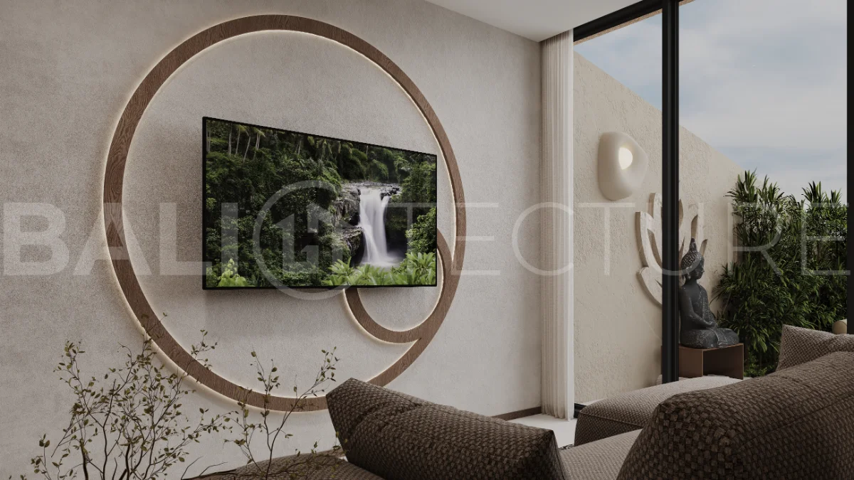 Ricefield View villa for sale in Ubud Centre featuring a tranquil modern interior, enclosed living and kitchen, warm natural tones, and access to premium wellness resort amenities.