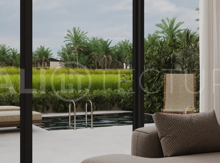 Ricefield View villa for sale in Ubud Centre featuring a tranquil modern interior, enclosed living and kitchen, warm natural tones, and access to premium wellness resort amenities.