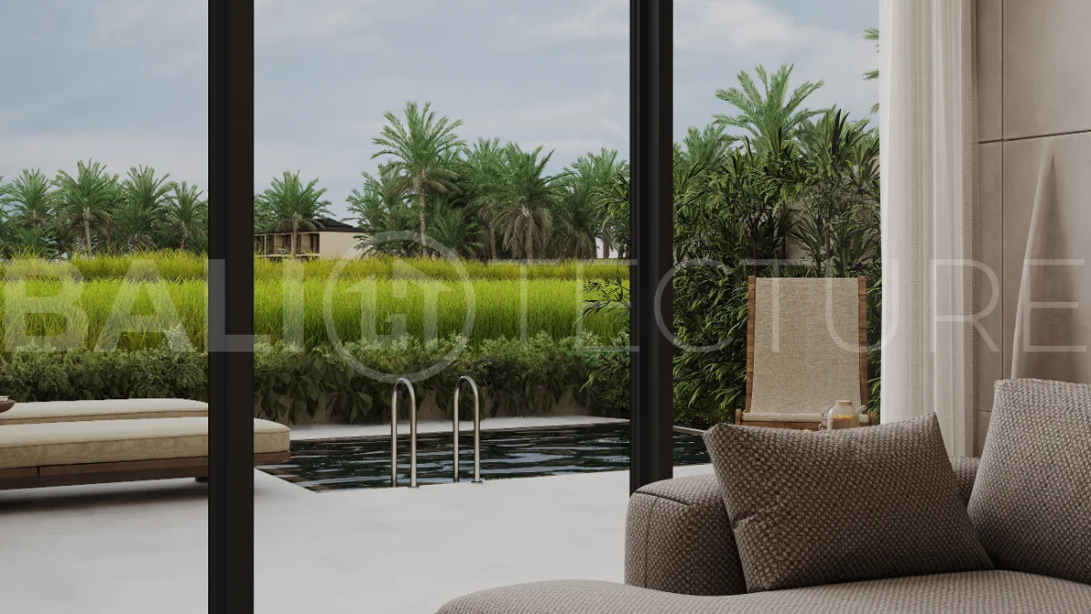 Ricefield View villa for sale in Ubud Centre featuring a tranquil modern interior, enclosed living and kitchen, warm natural tones, and access to premium wellness resort amenities.