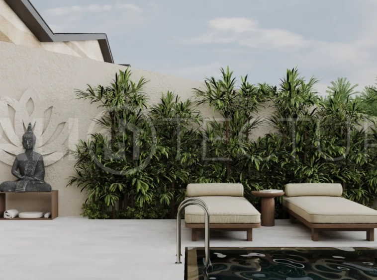 Ricefield View villa for sale in Ubud Centre featuring a tranquil modern interior, enclosed living and kitchen, warm natural tones, and access to premium wellness resort amenities.