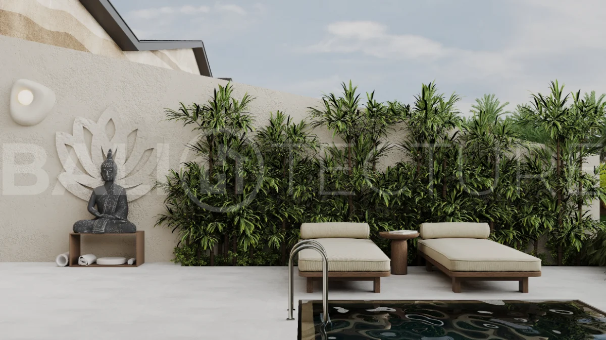 Ricefield View villa for sale in Ubud Centre featuring a tranquil modern interior, enclosed living and kitchen, warm natural tones, and access to premium wellness resort amenities.