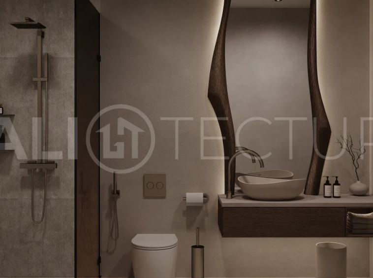 Ricefield View villa for sale in Ubud Centre featuring a tranquil modern interior, enclosed living and kitchen, warm natural tones, and access to premium wellness resort amenities.