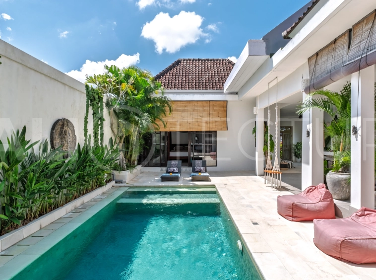 3-bedroom ricefield view villa for sale in Seminyak, featuring a private swimming pool, tropical garden, spacious living areas, and a peaceful residential setting.