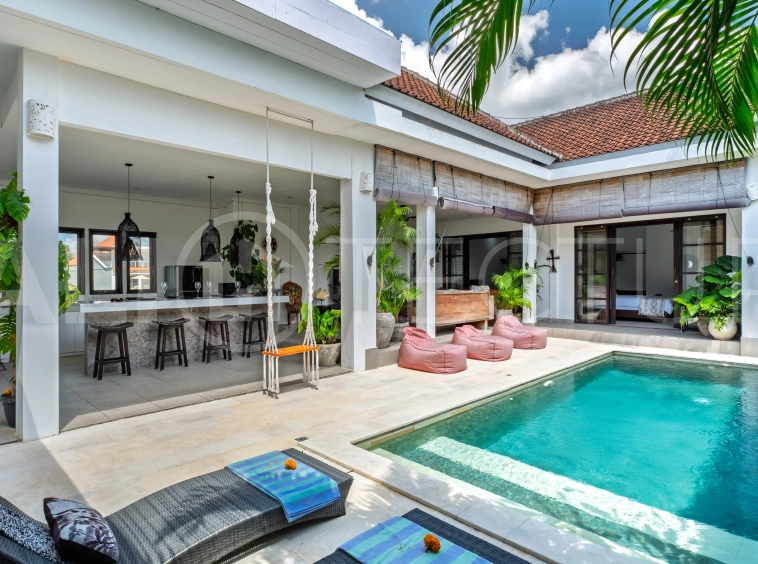 3-bedroom ricefield view villa for sale in Seminyak, featuring a private swimming pool, tropical garden, spacious living areas, and a peaceful residential setting.