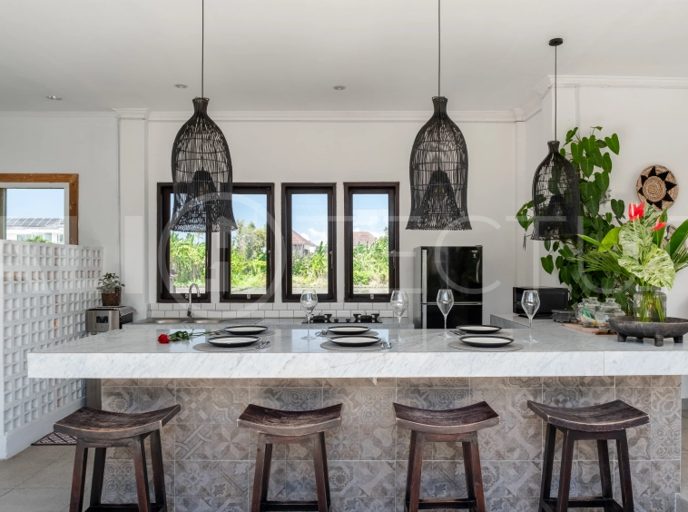 3-bedroom ricefield view villa for sale in Seminyak, featuring a private swimming pool, tropical garden, spacious living areas, and a peaceful residential setting.