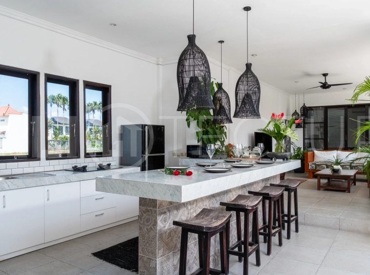 3-bedroom ricefield view villa for sale in Seminyak, featuring a private swimming pool, tropical garden, spacious living areas, and a peaceful residential setting.
