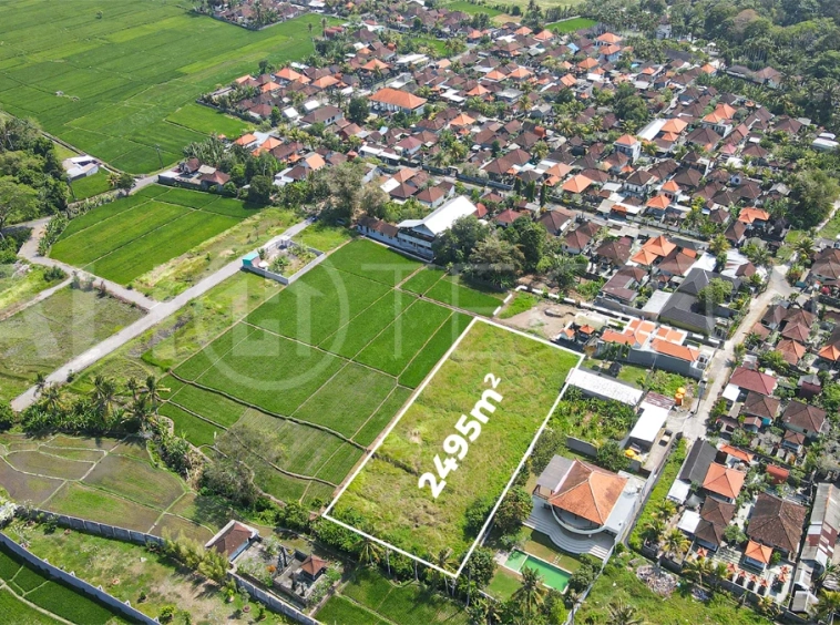 2,495 m² yellow-zone leasehold land for sale in Nyambu, Kaba Kaba, with rectangular shape, car and motorbike access, and scenic rice field and mountain views.