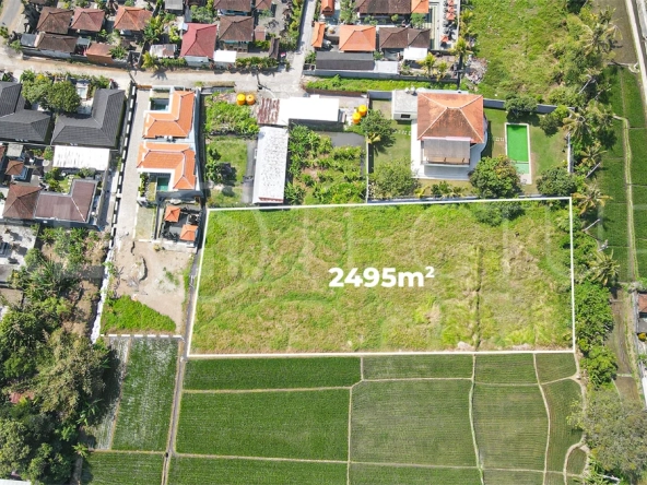 2,495 m² yellow-zone leasehold land for sale in Nyambu, Kaba Kaba, with rectangular shape, car and motorbike access, and scenic rice field and mountain views.