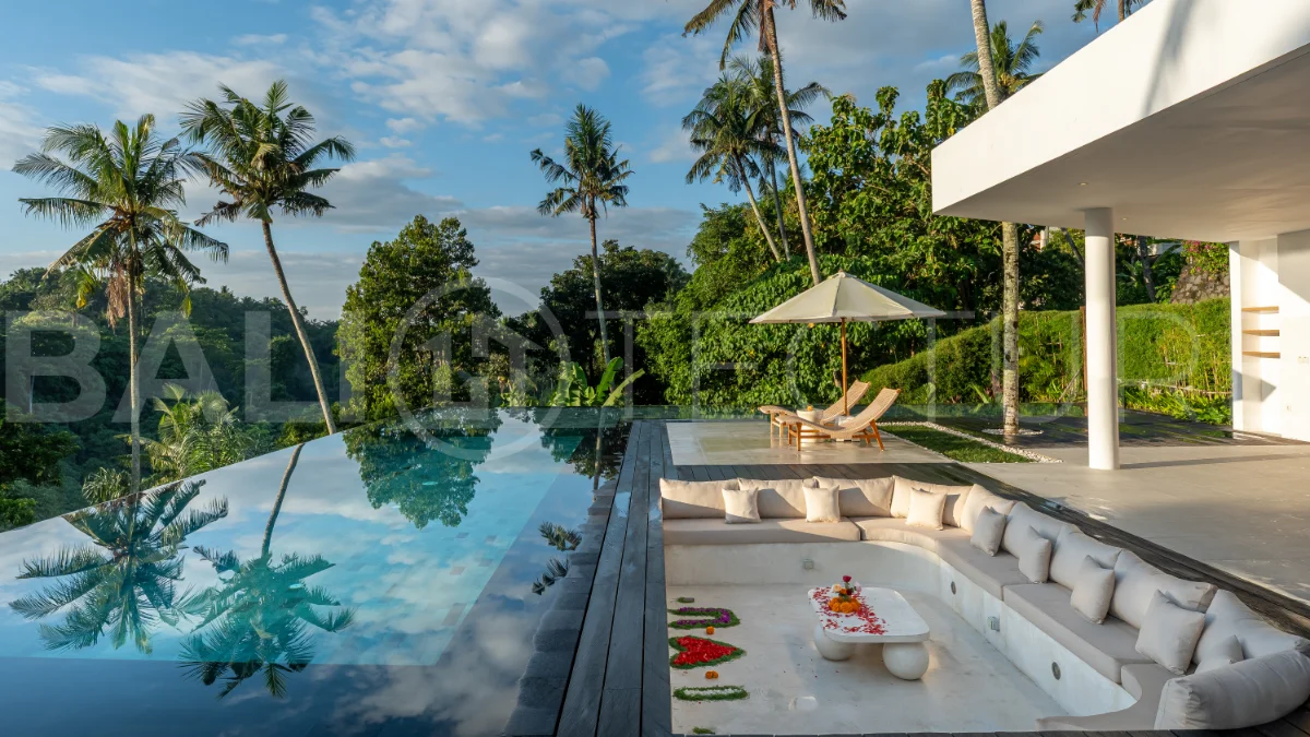 Brand-new 4-bedroom luxury leasehold villa for sale in tranquil Ubud, featuring a 100 sqm infinity pool overlooking lush canyon views, tropical modern architecture, spacious open-plan living areas, private parking, and unobstructed sunrise views.