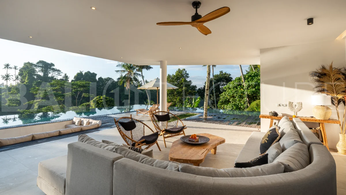 Brand-new 4-bedroom luxury leasehold villa for sale in tranquil Ubud, featuring a 100 sqm infinity pool overlooking lush canyon views, tropical modern architecture, spacious open-plan living areas, private parking, and unobstructed sunrise views.
