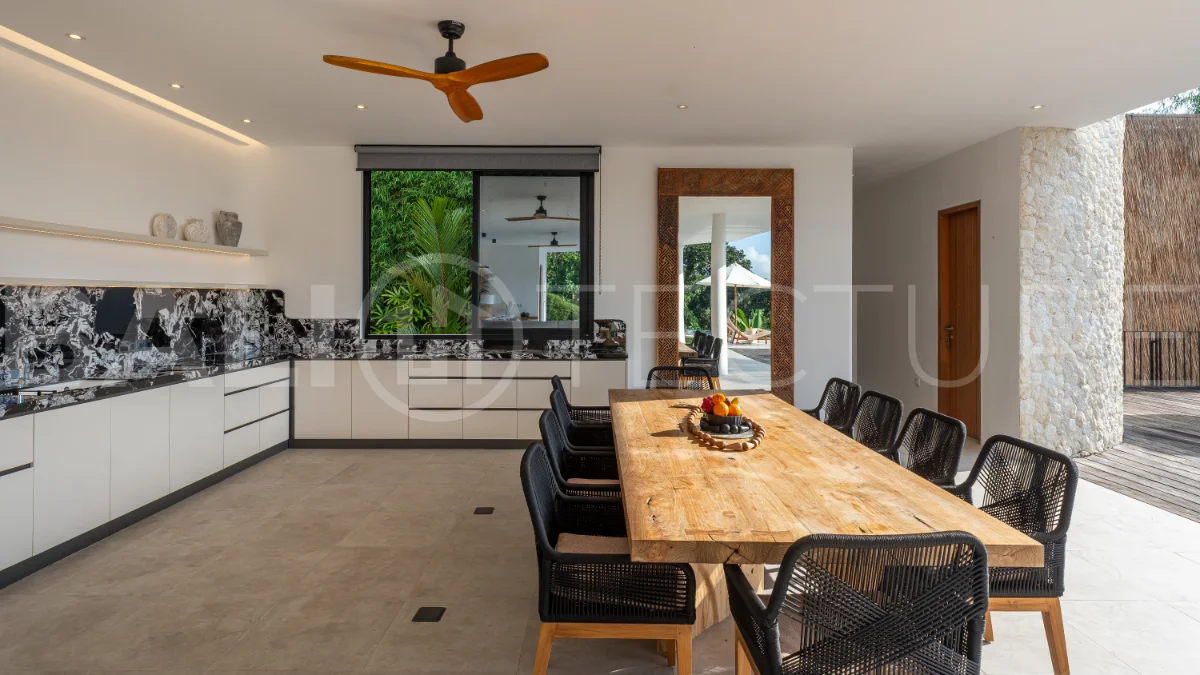 Brand-new 4-bedroom luxury leasehold villa for sale in tranquil Ubud, featuring a 100 sqm infinity pool overlooking lush canyon views, tropical modern architecture, spacious open-plan living areas, private parking, and unobstructed sunrise views.