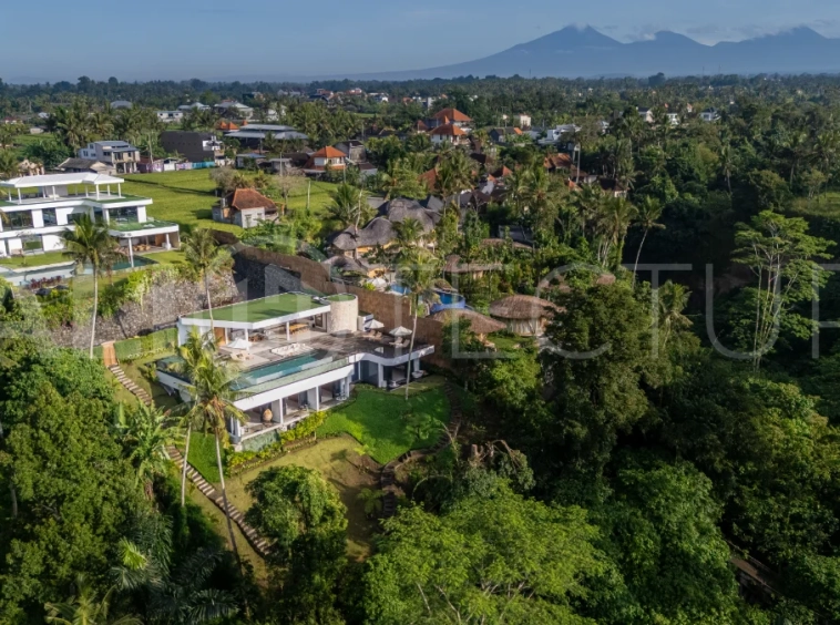 Brand-new 4-bedroom luxury leasehold villa for sale in tranquil Ubud, featuring a 100 sqm infinity pool overlooking lush canyon views, tropical modern architecture, spacious open-plan living areas, private parking, and unobstructed sunrise views.