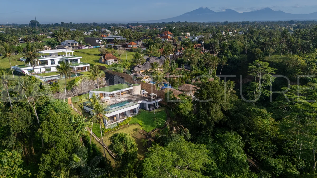 Brand-new 4-bedroom luxury leasehold villa for sale in tranquil Ubud, featuring a 100 sqm infinity pool overlooking lush canyon views, tropical modern architecture, spacious open-plan living areas, private parking, and unobstructed sunrise views.