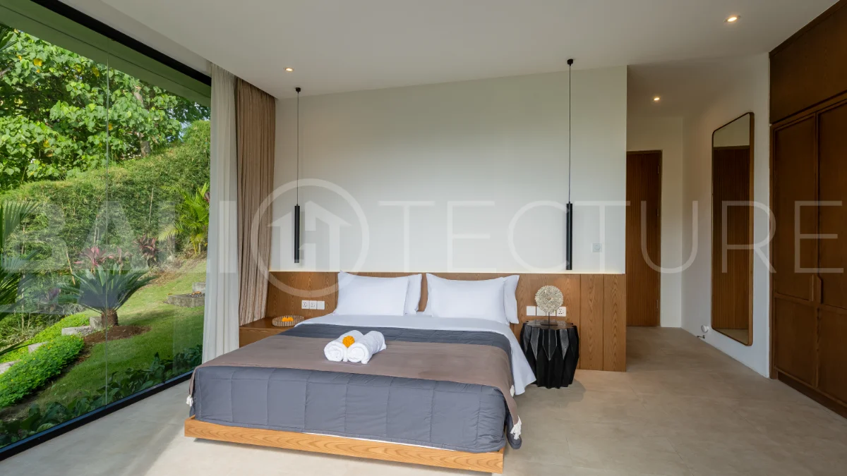 Brand-new 4-bedroom luxury leasehold villa for sale in tranquil Ubud, featuring a 100 sqm infinity pool overlooking lush canyon views, tropical modern architecture, spacious open-plan living areas, private parking, and unobstructed sunrise views.