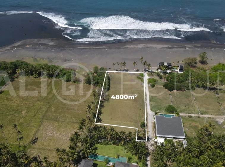4,800 m² freehold beachfront land for sale in Saba Beach, Bali, directly overlooking the black-sand shoreline in a tranquil and undeveloped coastal setting.