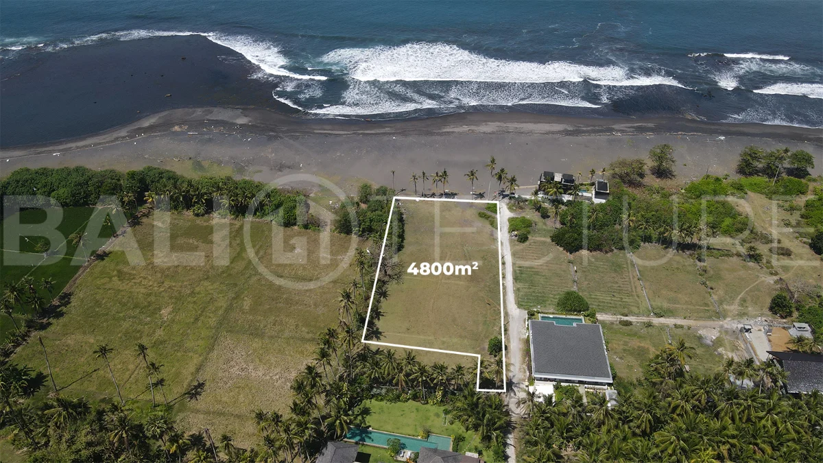 4,800 m² freehold beachfront land for sale in Saba Beach, Bali, directly overlooking the black-sand shoreline in a tranquil and undeveloped coastal setting.