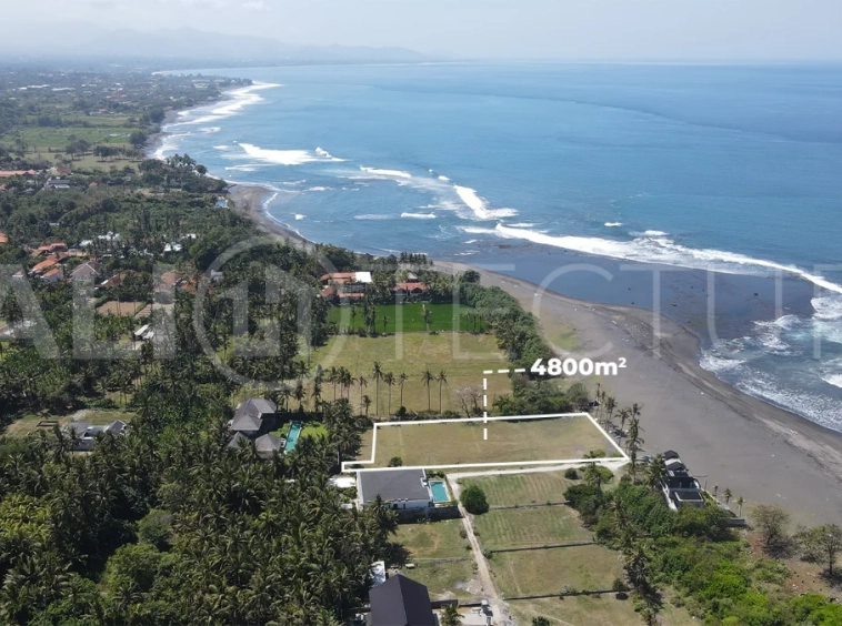 4,800 m² freehold beachfront land for sale in Saba Beach, Bali, directly overlooking the black-sand shoreline in a tranquil and undeveloped coastal setting.
