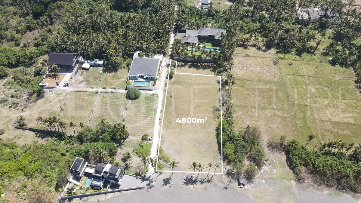 4,800 m² freehold beachfront land for sale in Saba Beach, Bali, directly overlooking the black-sand shoreline in a tranquil and undeveloped coastal setting.