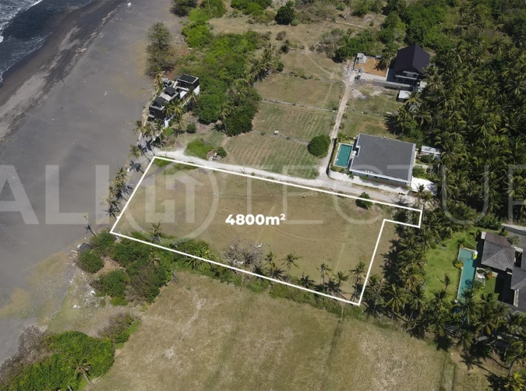 4,800 m² freehold beachfront land for sale in Saba Beach, Bali, directly overlooking the black-sand shoreline in a tranquil and undeveloped coastal setting.