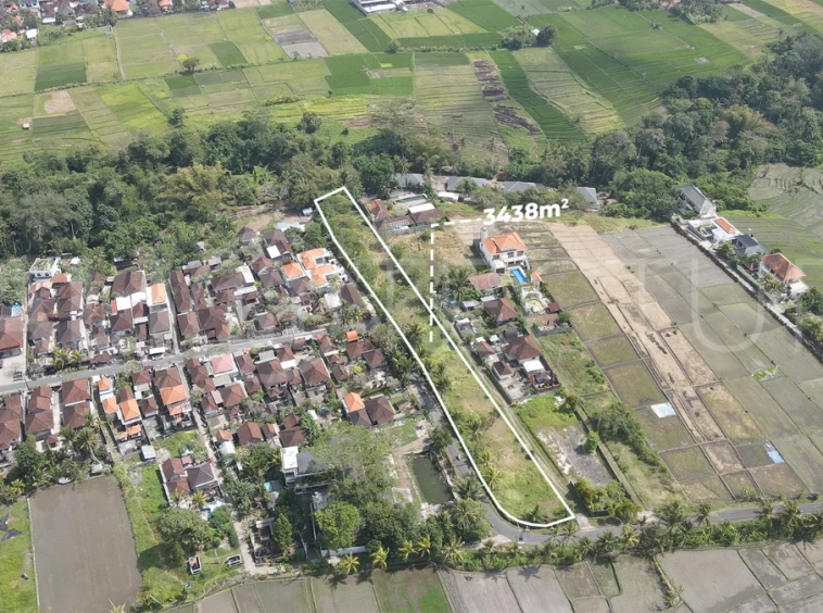 3,438 sqm east-facing riverside leasehold land in Kaba Kaba, Bali, surrounded by protected green-zone rice fields with panoramic river, rice terrace, and mountain views, featuring 4-meter asphalt road access and ideal for villa development.