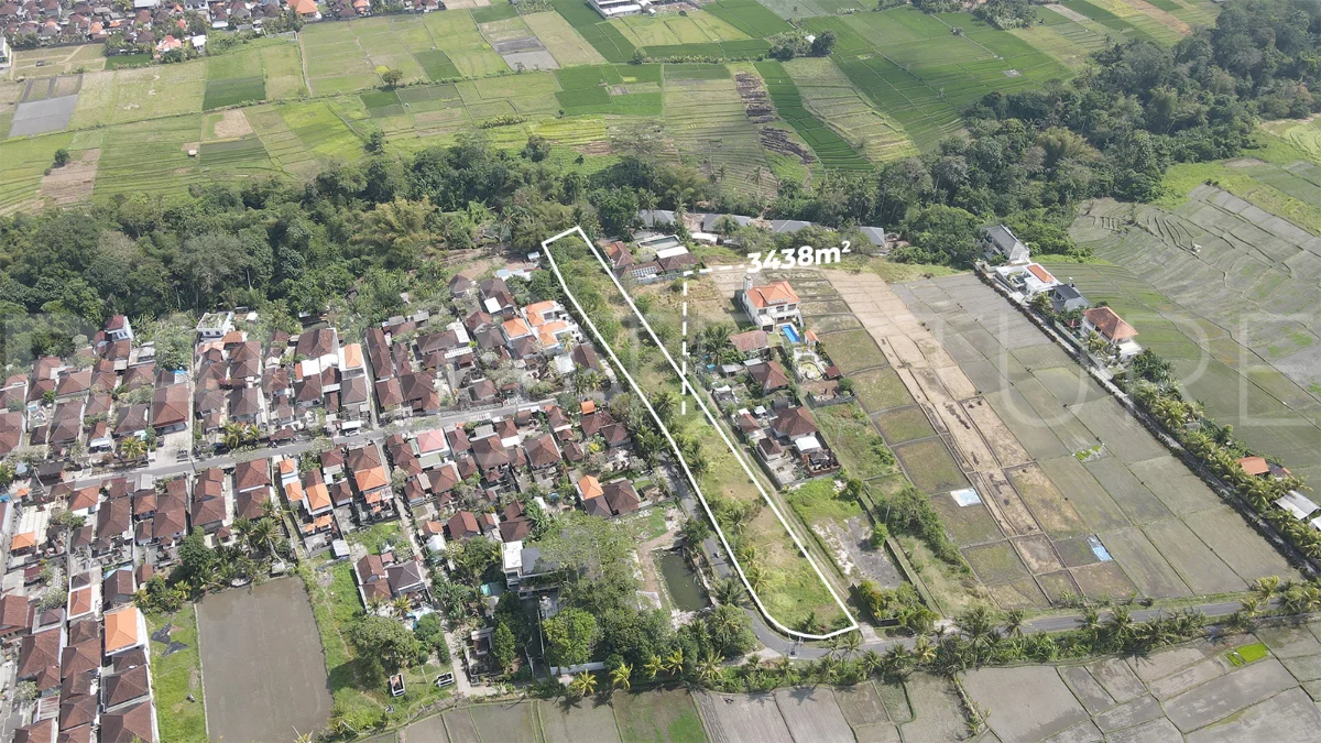 3,438 sqm east-facing riverside leasehold land in Kaba Kaba, Bali, surrounded by protected green-zone rice fields with panoramic river, rice terrace, and mountain views, featuring 4-meter asphalt road access and ideal for villa development.