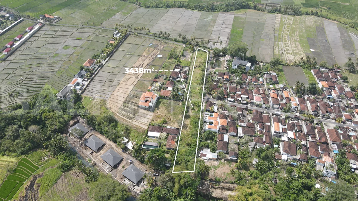 3,438 sqm east-facing riverside leasehold land in Kaba Kaba, Bali, surrounded by protected green-zone rice fields with panoramic river, rice terrace, and mountain views, featuring 4-meter asphalt road access and ideal for villa development.