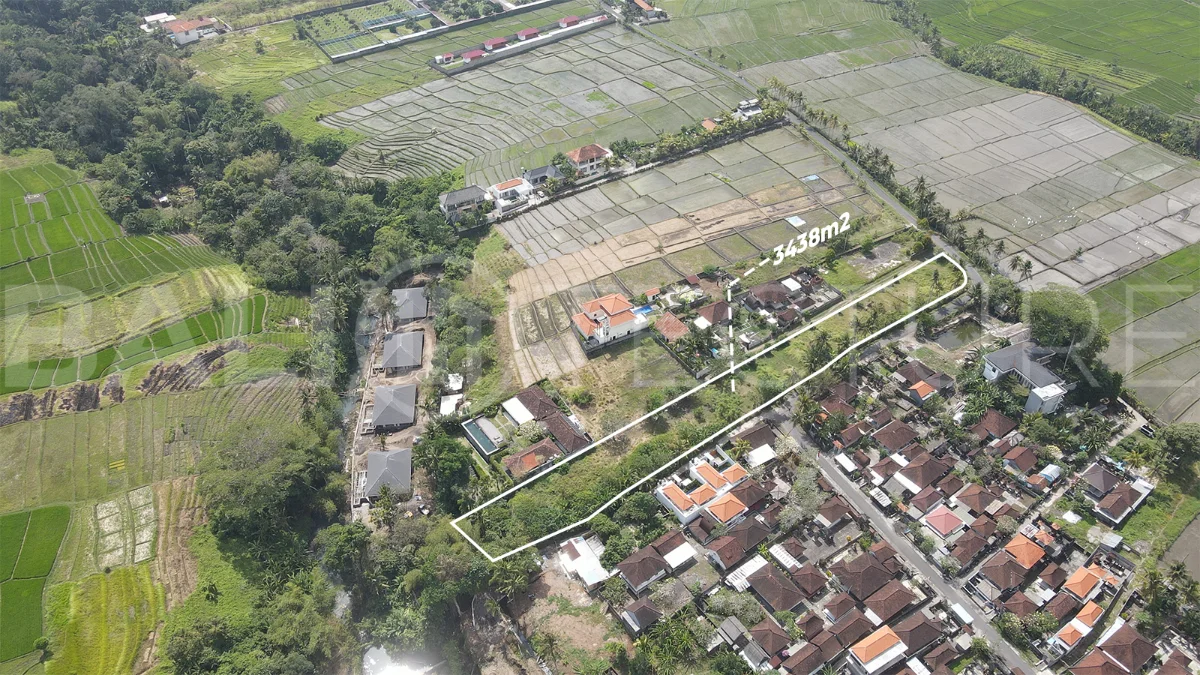 3,438 sqm east-facing riverside leasehold land in Kaba Kaba, Bali, surrounded by protected green-zone rice fields with panoramic river, rice terrace, and mountain views, featuring 4-meter asphalt road access and ideal for villa development.