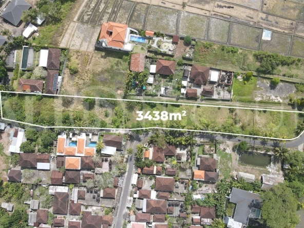 3,438 sqm east-facing riverside leasehold land in Kaba Kaba, Bali, surrounded by protected green-zone rice fields with panoramic river, rice terrace, and mountain views, featuring 4-meter asphalt road access and ideal for villa development.
