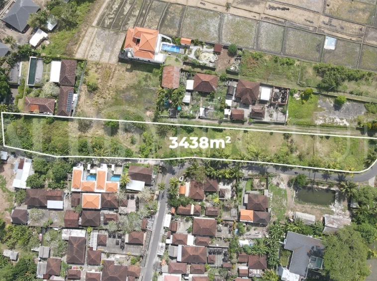 3,438 sqm east-facing riverside leasehold land in Kaba Kaba, Bali, surrounded by protected green-zone rice fields with panoramic river, rice terrace, and mountain views, featuring 4-meter asphalt road access and ideal for villa development.