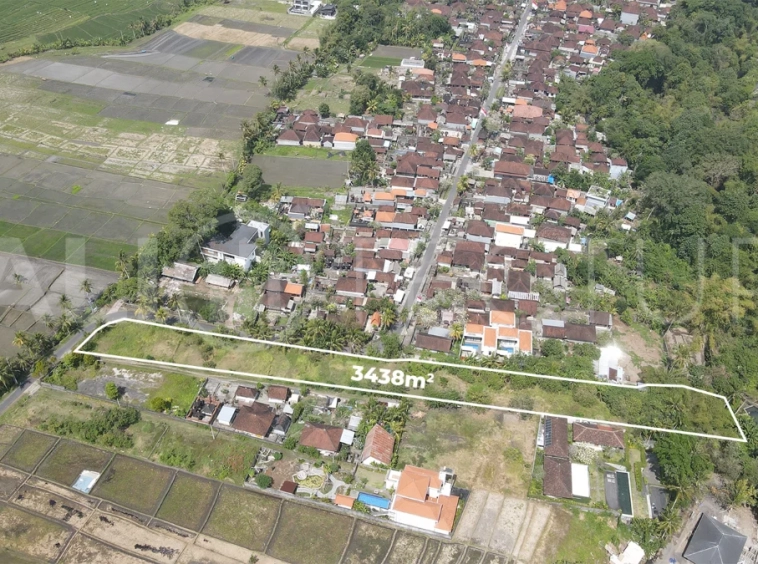 3,438 sqm east-facing riverside leasehold land in Kaba Kaba, Bali, surrounded by protected green-zone rice fields with panoramic river, rice terrace, and mountain views, featuring 4-meter asphalt road access and ideal for villa development.