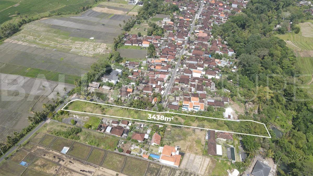 3,438 sqm east-facing riverside leasehold land in Kaba Kaba, Bali, surrounded by protected green-zone rice fields with panoramic river, rice terrace, and mountain views, featuring 4-meter asphalt road access and ideal for villa development.