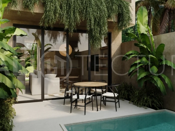 Off plan one bedroom loft residence in Cepaka, Tabanan, featuring contemporary tropical design, open plan living, private plunge pool, and views of the surrounding rice paddies.