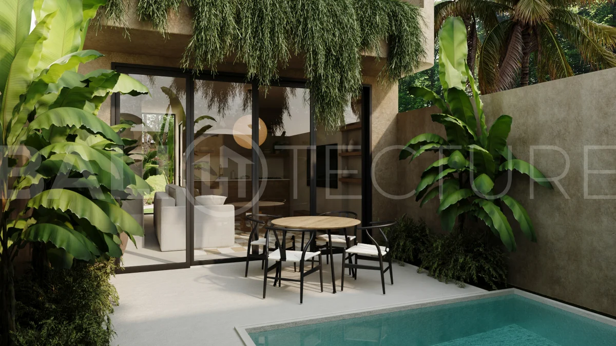 Off plan one bedroom loft residence in Cepaka, Tabanan, featuring contemporary tropical design, open plan living, private plunge pool, and views of the surrounding rice paddies.