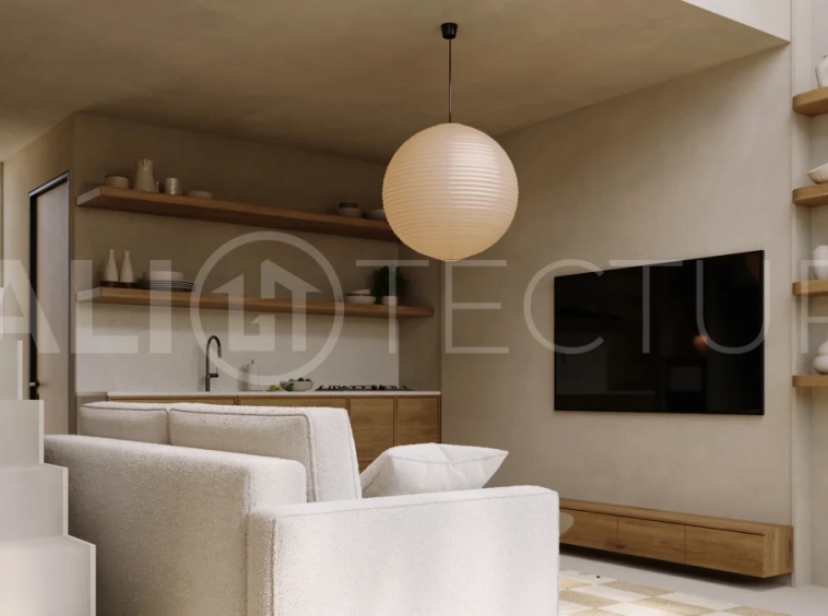 Off plan one bedroom loft residence in Cepaka, Tabanan, featuring contemporary tropical design, open plan living, private plunge pool, and views of the surrounding rice paddies.
